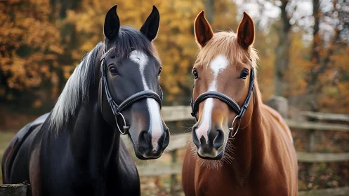 Two bridled horses standing in autumn woodland paddock.