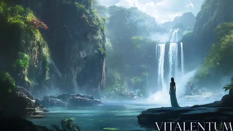 Solitary figure observes mist-laden cascades in verdant gorge