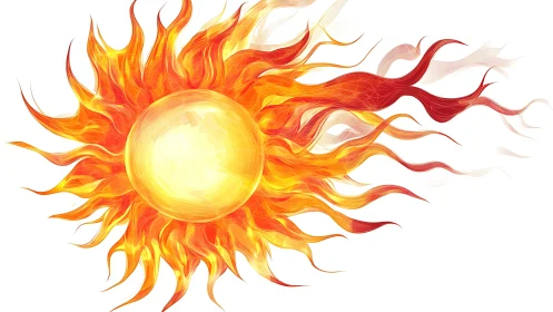 Radiant stylized sun sphere casts swirling fiery flares