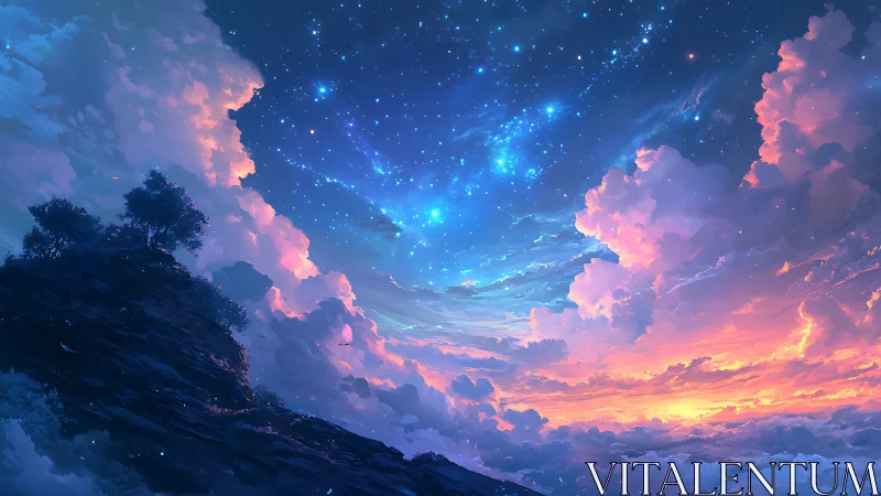 Celestial twilight sky merges nebula-like clouds and starfields