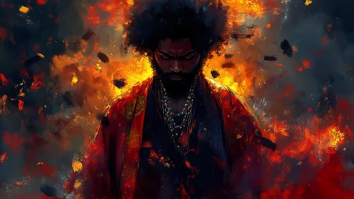 Stoic robed figure framed by abstract fire and smoke.