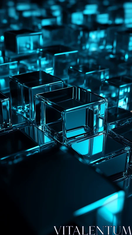 Transparent glass cubes form a blue illuminated grid
