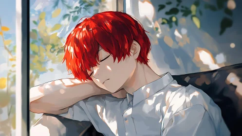 Sunlit afternoon nap with a red‑haired daydreamer.