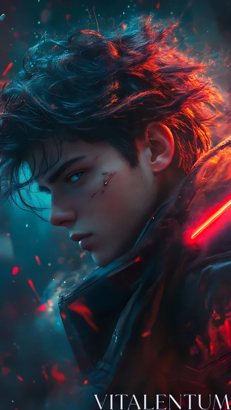 Cyberpunk antihero portrait under neon ember glow.