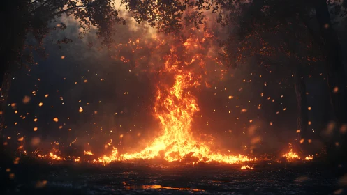 Massive Forest Fire Engulfing Dense Woodland.