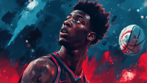 Digital portrait of basketball player in bold dynamic colors.