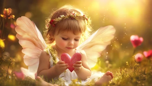Sunlit fairy toddler cradles a glowing pink heart of wonder.