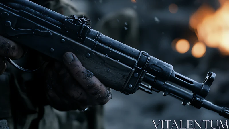 Battle-worn rifle gripped by muddy hands in blazing chaos.