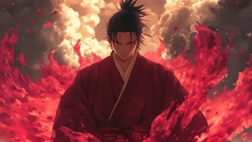 Samurai pyromancer amid storm-lit combustion vortex