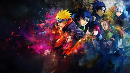 Dynamic ninja ensemble surging through abstract energy fields.