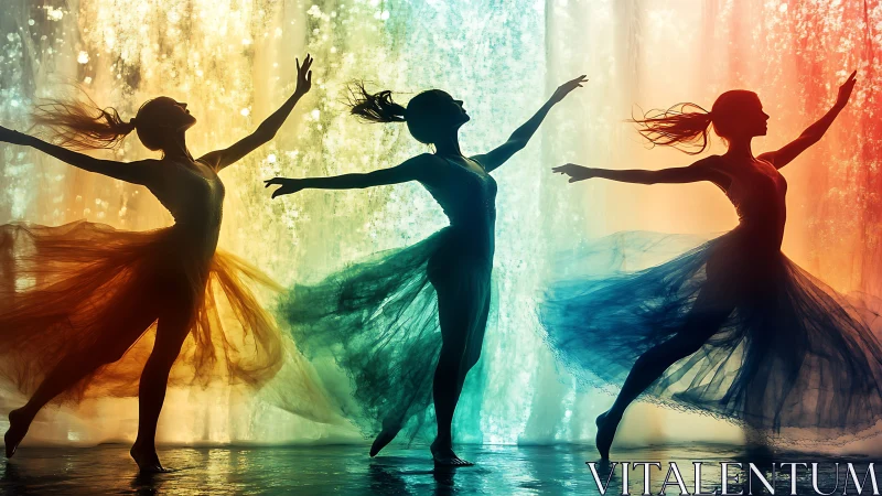 Silhouetted ballerinas dancing through prismatic waterfall light.