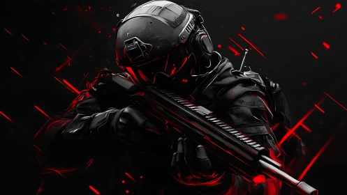 Cybernetic assault operative in neon red tactical focus.