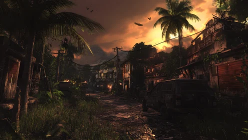 Abandoned tropical street under heavy orange dusk sky.