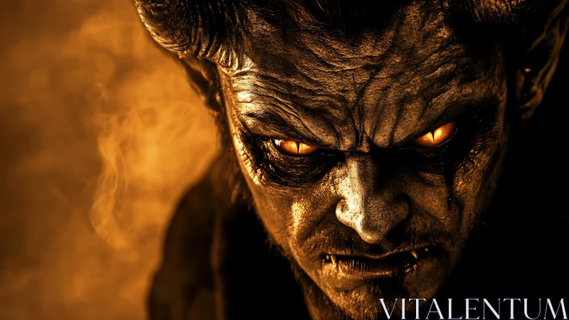 Infernal horned entity with molten ember eyes in chiaroscuro.