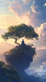 Meditative silhouette on levitating rock under volumetric sky.