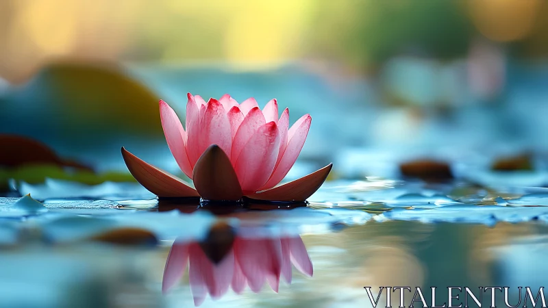 Soft sunrise lotus adrift on dream-bright water hush.