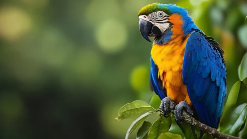 Vibrant Blue-and-Yellow Macaw on Branch in Lush Natural Setting.