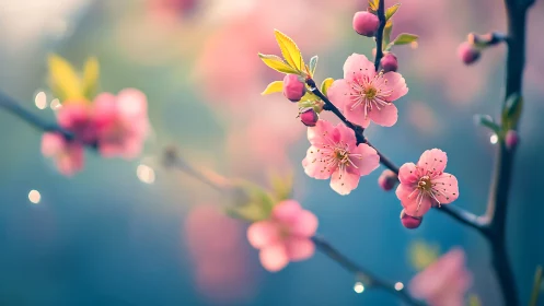 Pink Peach Blossoms Dancing in Spring Light.