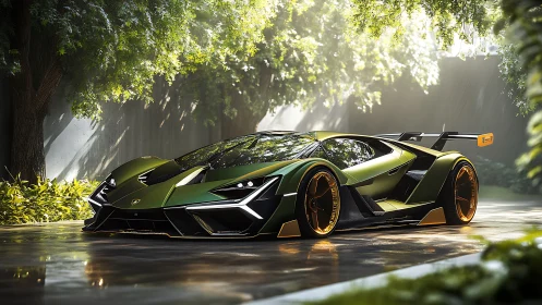 Emerald hypercar cuts through sunlit rain in a forest lane