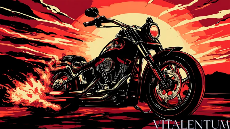 Stylized motorcycle illustration is positioned against a red sky