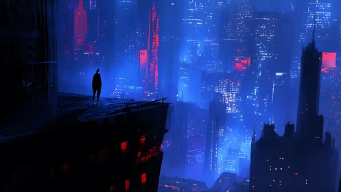 Solitary silhouette overlooking neon blue red cyberpunk megacity