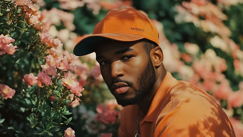 Sunlit gaze in coral blooms and bold tangerine streetwear.