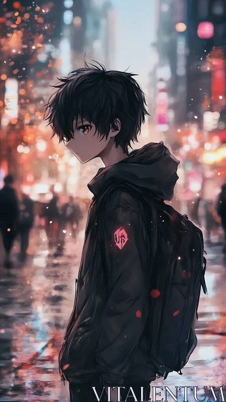 Solitary anime boy walks through neon city rain at dusk