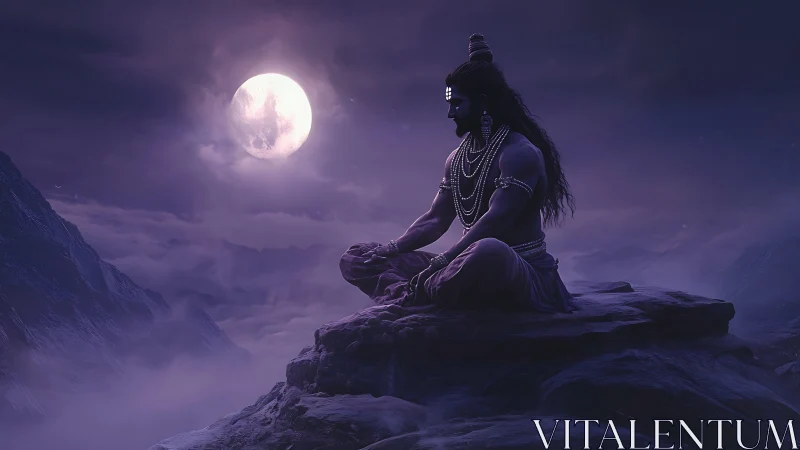Moonlit ascetic meditates above mist-wrapped mountain abyss.