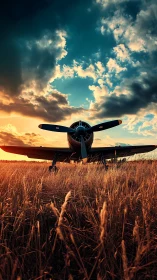 Single propeller aircraft in tall field grass at sunset.