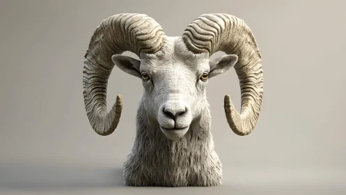 Majestic ram portrait with curled horns in realistic style.