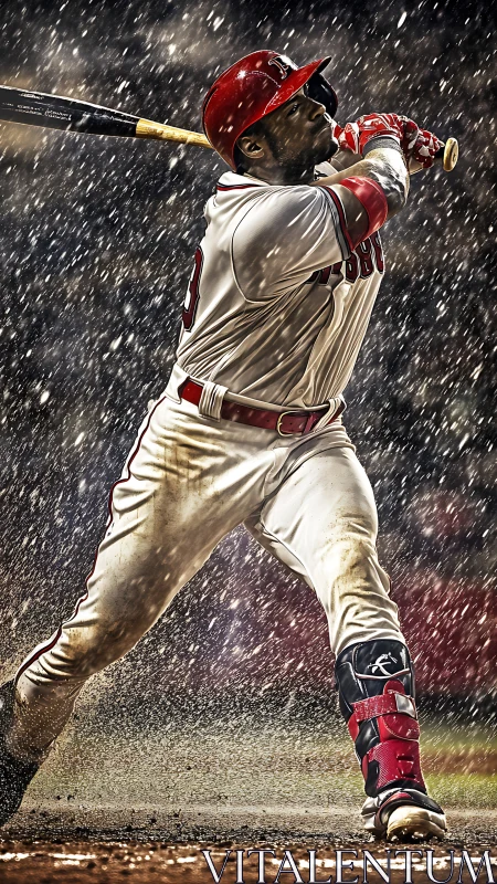 Baseball batter follows through on swing in heavy rain