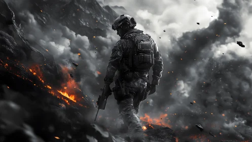 Armored soldier advancing through burning volcanic battlefield.