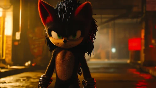 Anthropomorphic hedgehog figure in dim urban alleyway.