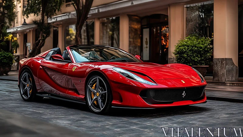 Red luxury convertible sports car shines on elegant city street.