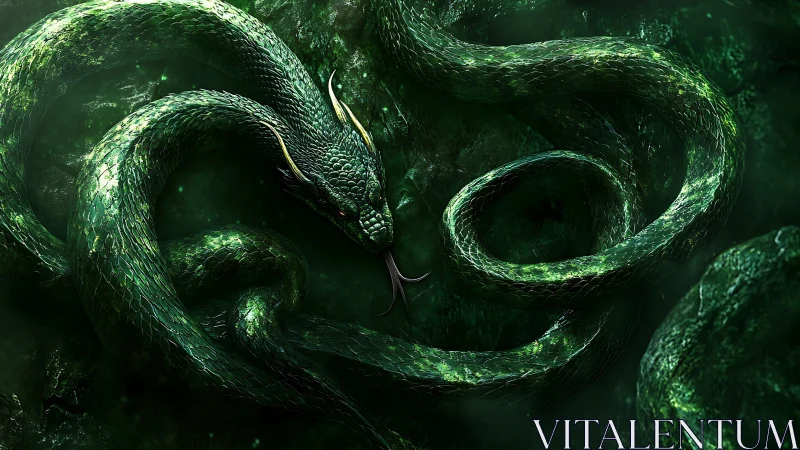 Emerald serpent dragon coiled in luminous cavern gloom.