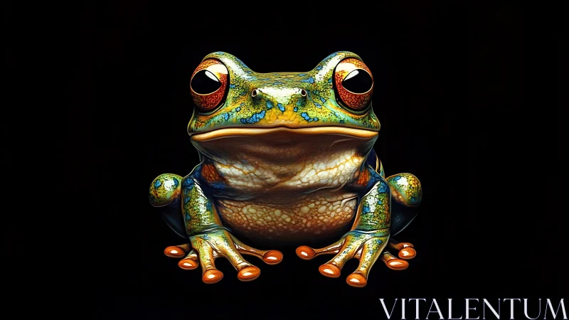 Iridescent tree frog portrait in hyperreal studio light.