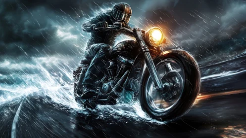 Motorcyclist rides through wet roadway in heavy storm conditions