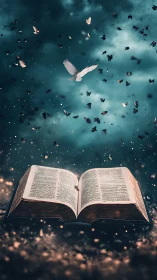 Open illuminated bible releases doves into a stormy sky
