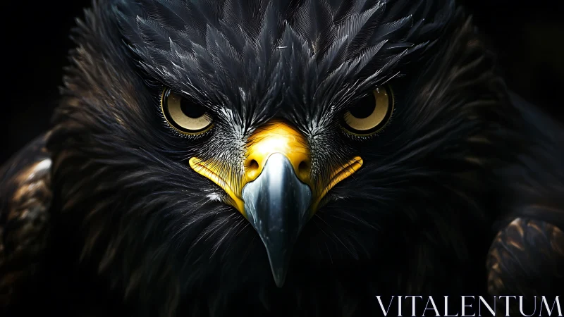 Intense close-up of eagle’s face with striking golden eyes.