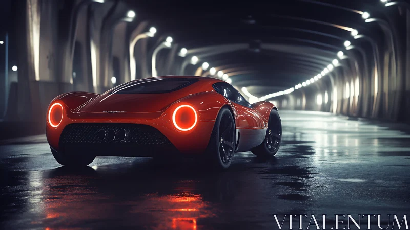 Aerodynamic red supercar in wet tunnel with ring LED taillights