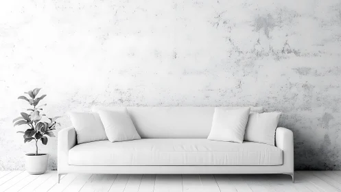 Calm white sofa retreat with plant in a minimalist room.