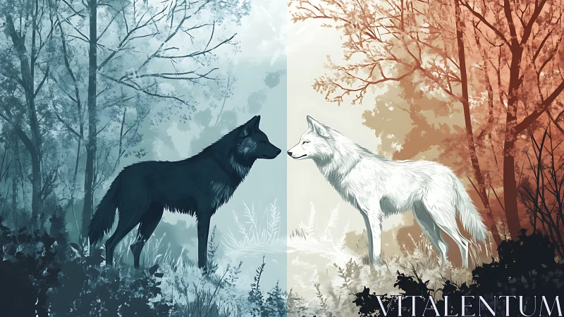 Two wolves stand face to face in a split forest scene