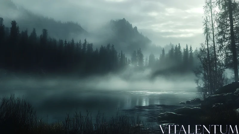 Foggy conifer forest surrounds still mountain lake at dawn