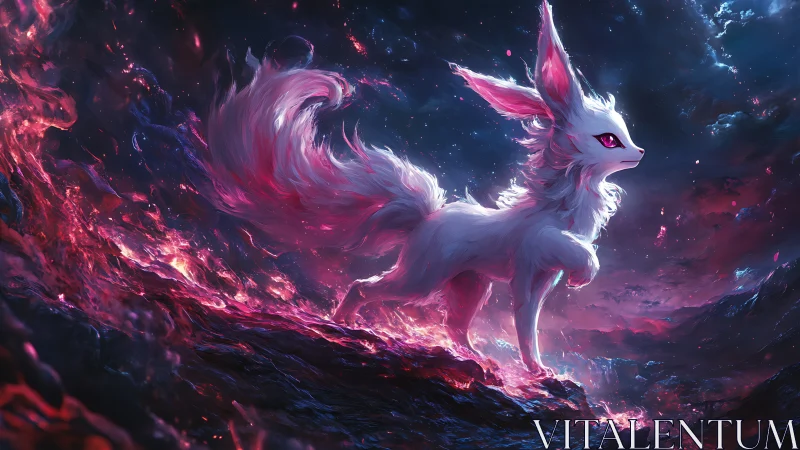 Celestial fox spirit over glowing cosmic inferno.