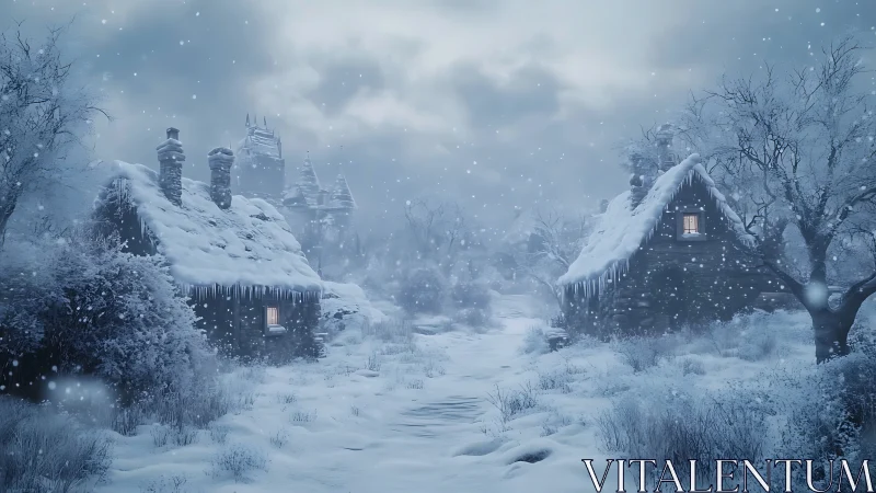 Digital painting of snowy cottages with atmospheric depth cues.