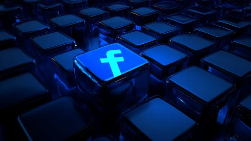 Illuminated blue social media cube rendered in glossy 3D grid