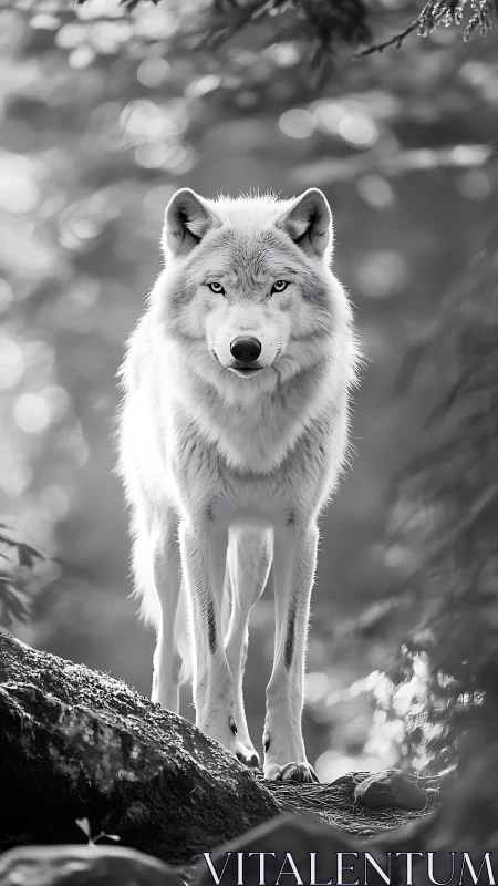 Silver forest sentinel: lone white wolf in quiet focus.