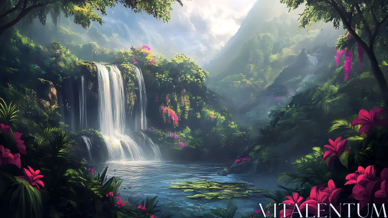 Lush tropical lagoon with tiered waterfalls and vibrant flora