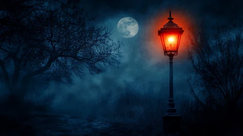 Warm red lamppost guiding the way through a misty moonlit night.