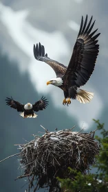 Mountain eagles wheel above a towering nest in misty air.